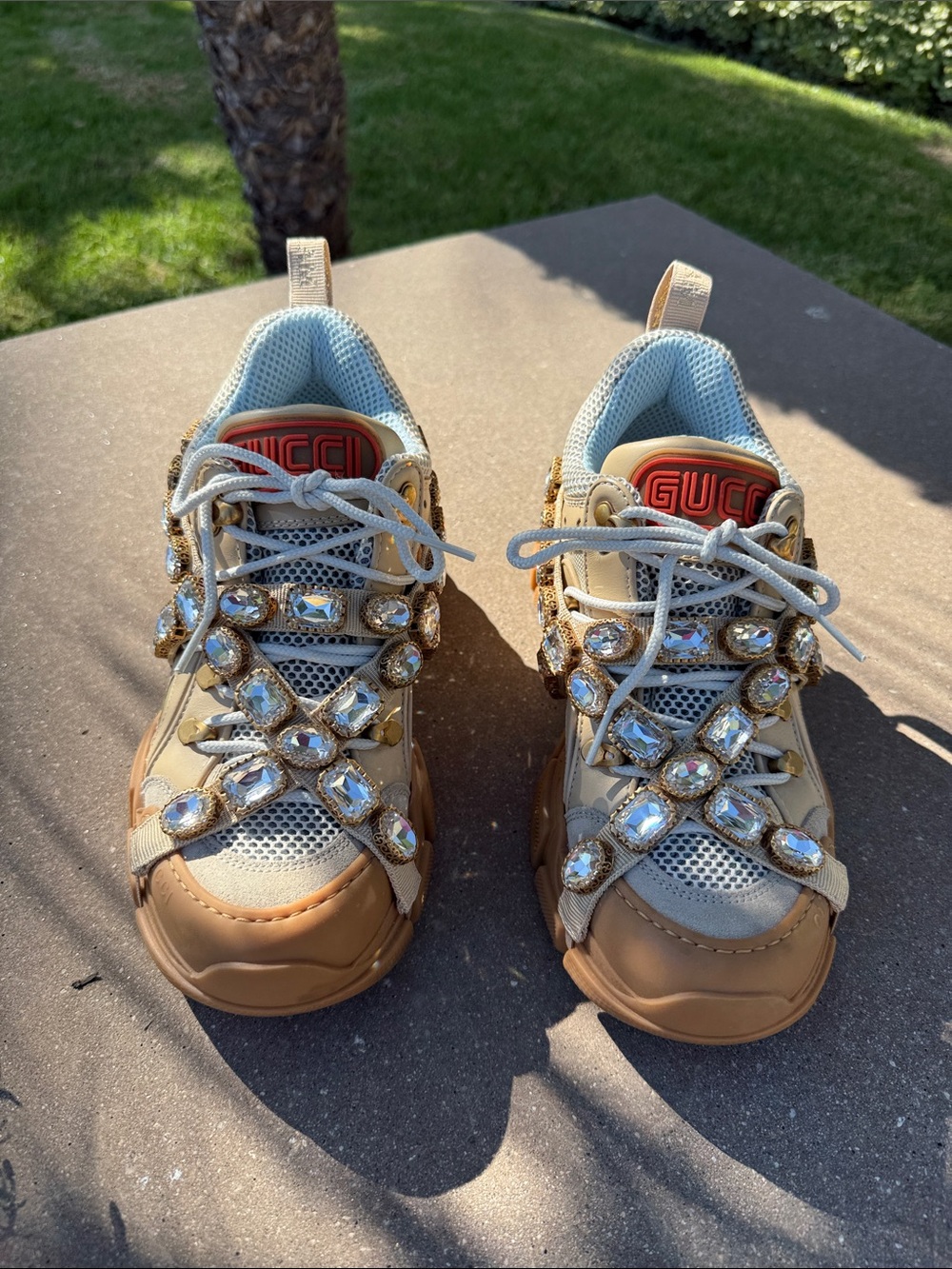 Gucci Kids Tan Beige Crystal-Embellished Sneakers